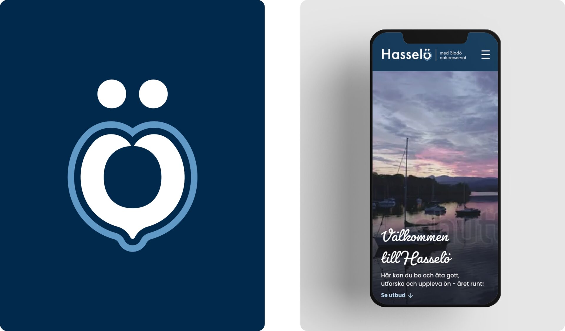 Visning av logotypen Hasselö Sladö och hemsidan på en telefon.