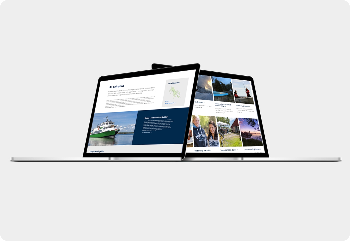 Foto på två datorer som visar upp olika sidor av hemsidan för Hasselö Sladö.
