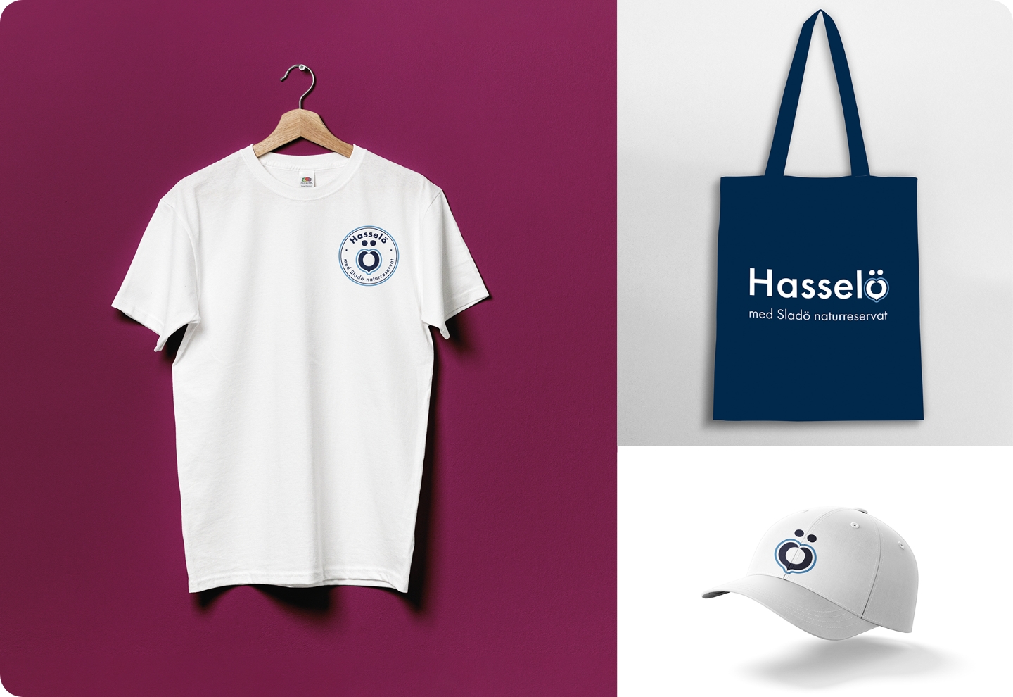 Logotypen för Hasselö Sladö tryckt på en t-shirt, en väska och en keps.