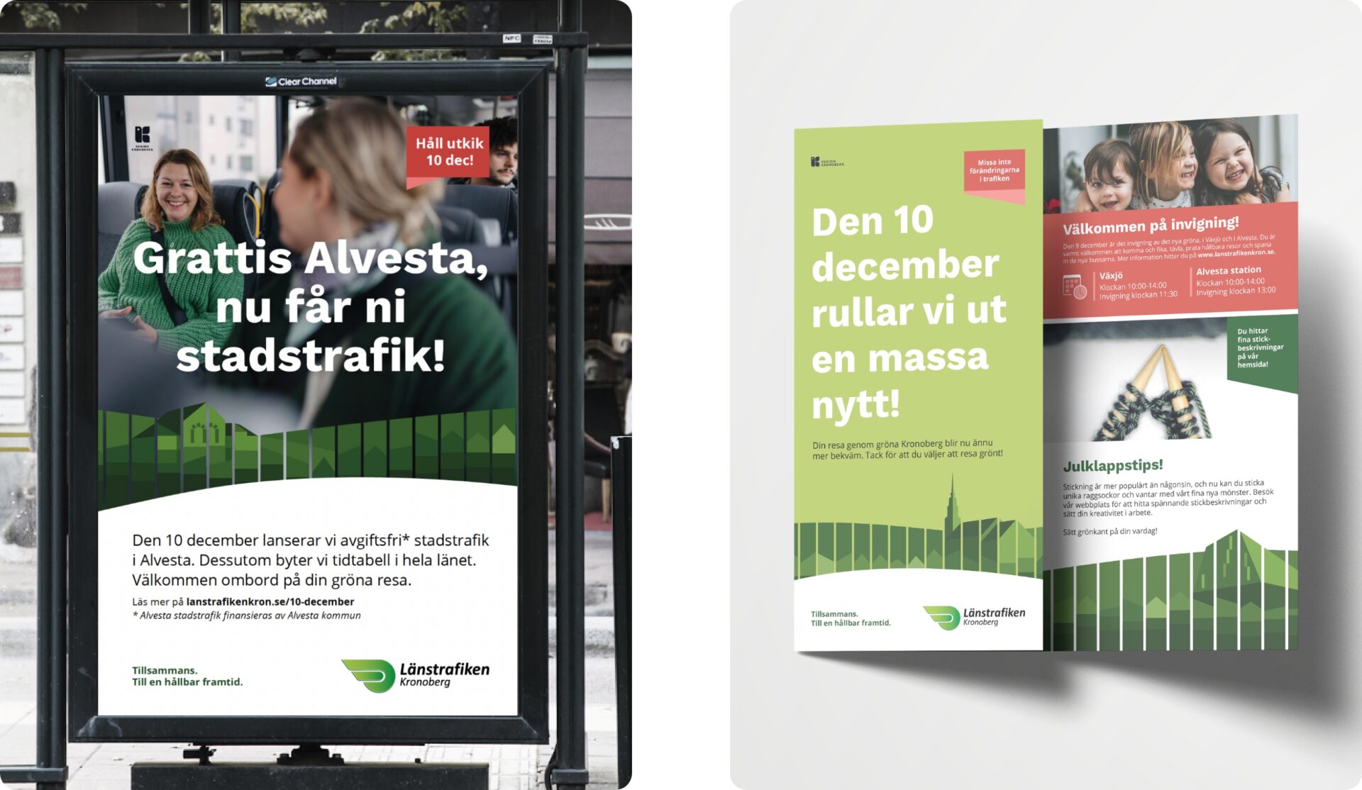 Illustrationer på reklam på en busskur och som pamflett från Länstrafiken Kronoberg.