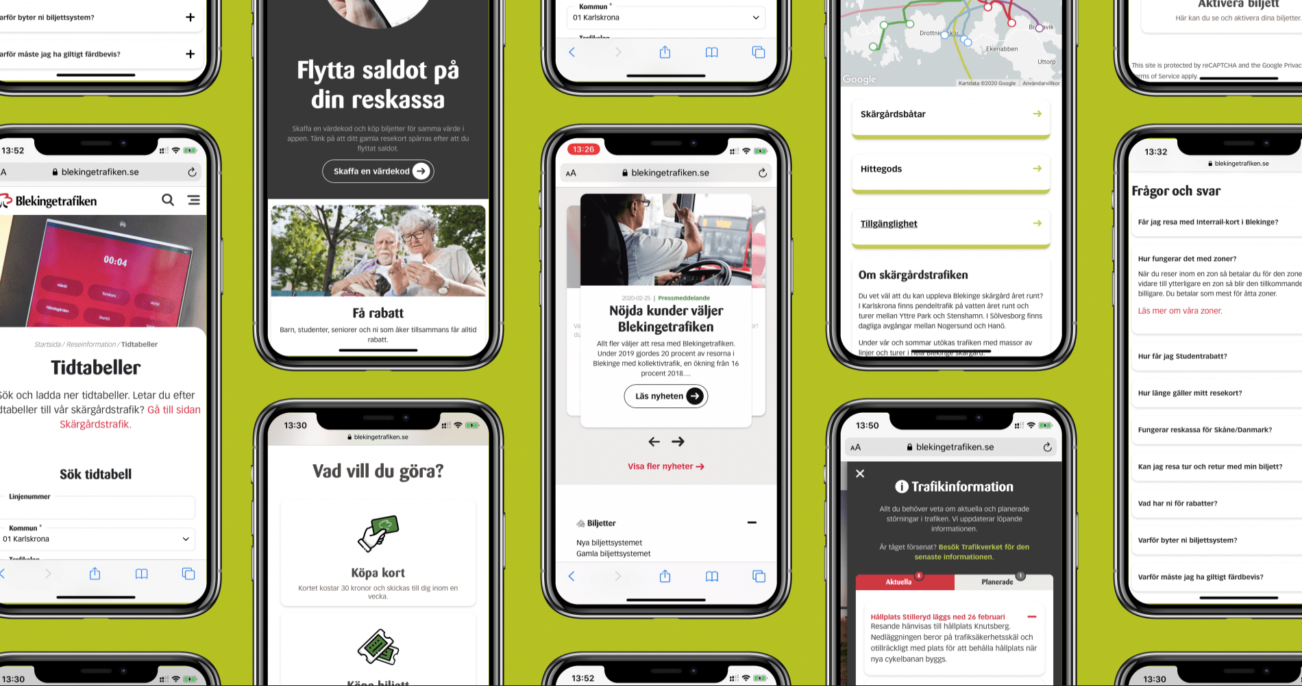 Olika sidor av Blekingetrafikens hemsida visad på mobiltelefoner